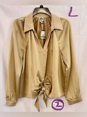 Anne Klein Champagne Satin Tie-Front Blouse